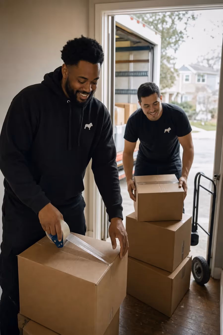 Bulldog Movers crew taping and carrying boxes during a packing service move