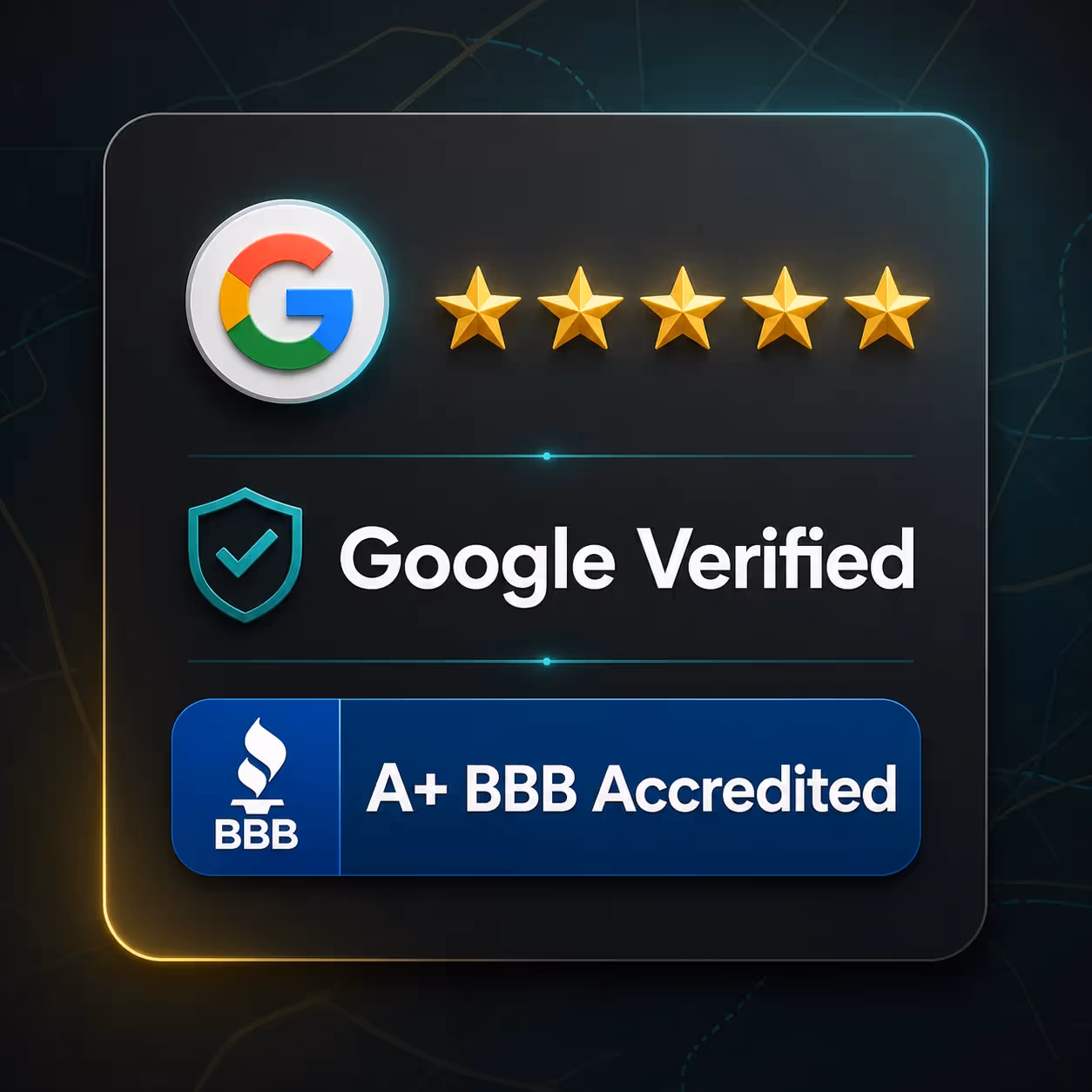 Google verified and A+ BBB Accredited trust proof graphic for Bulldog Movers