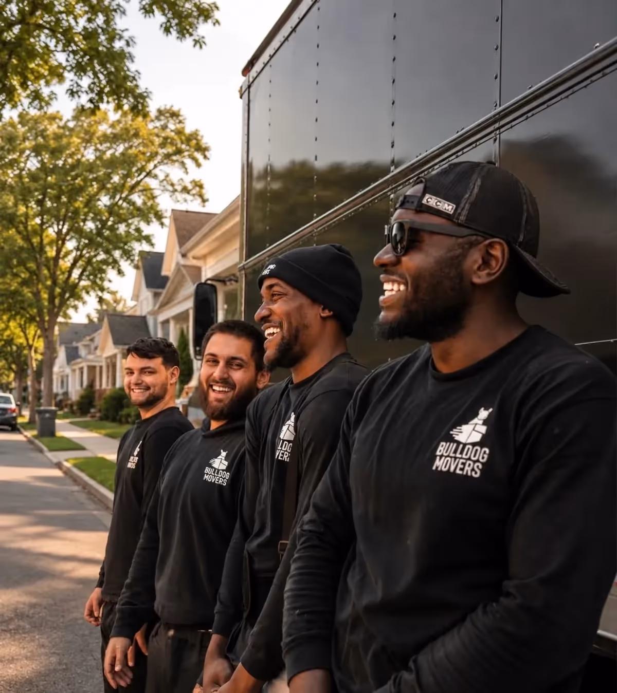 Four Bulldog Movers crew members beside a moving truck on a residential street