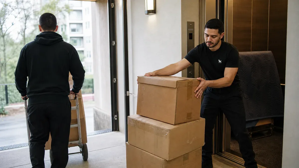 Bulldog Movers box staging near elevator access for Reston moving services