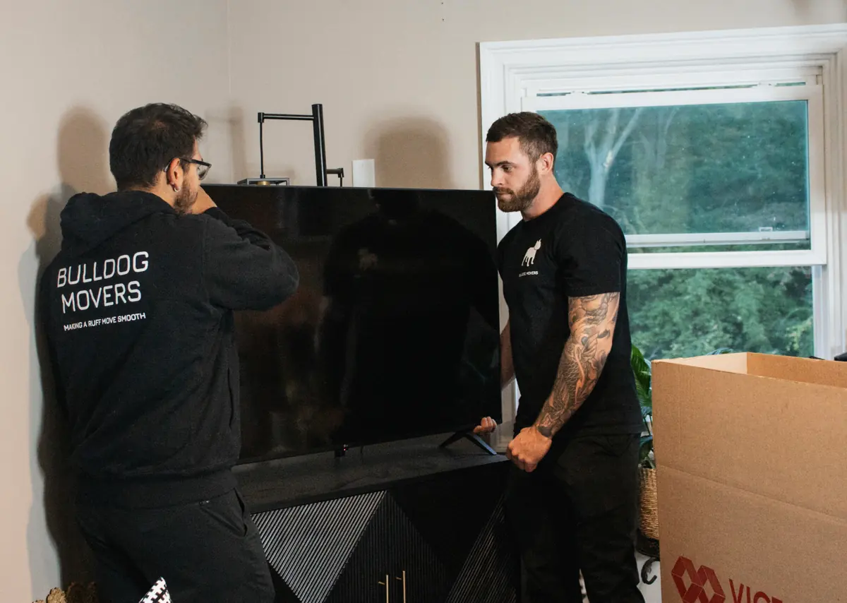 Two movers carrying a large item indoors