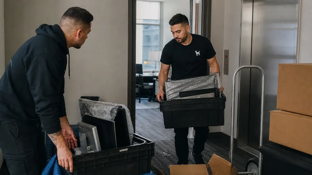 Bulldog Movers crew preparing office equipment for a commercial relocation