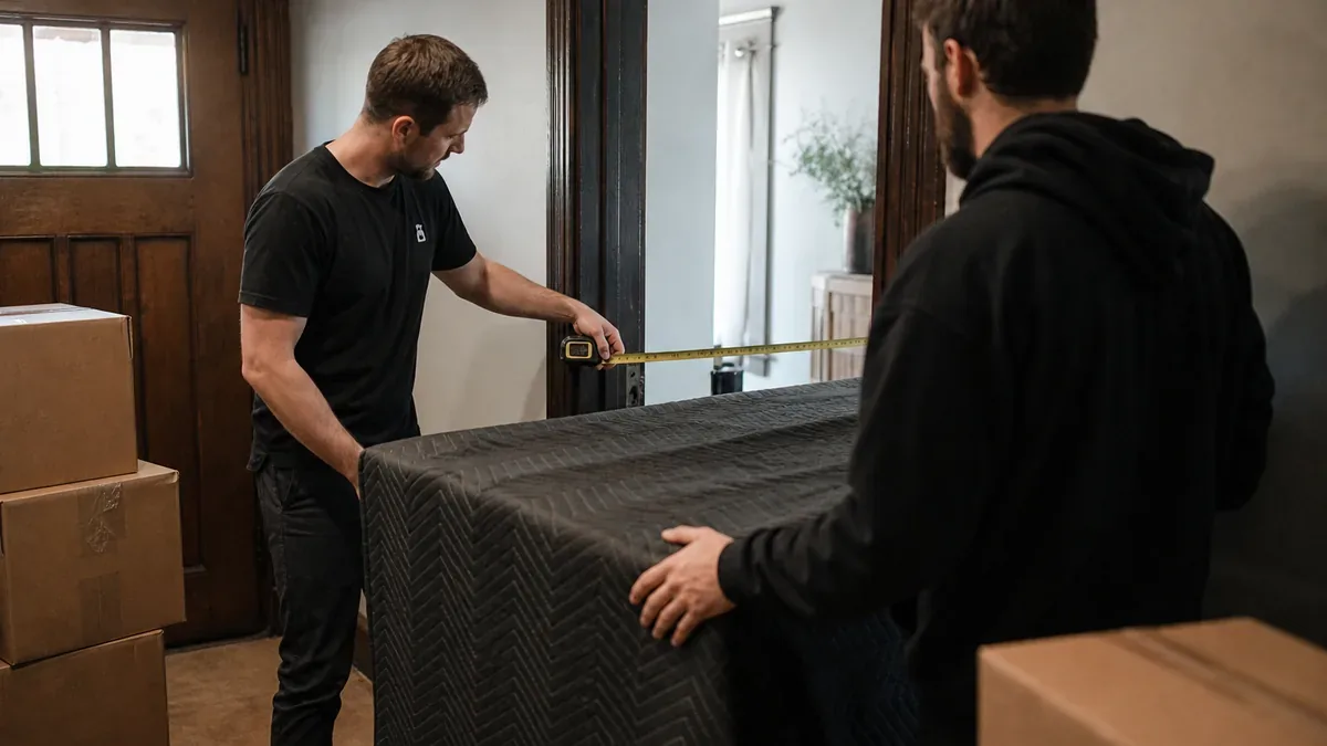 Bulldog Movers crew measuring furniture and doorway clearance before a move
