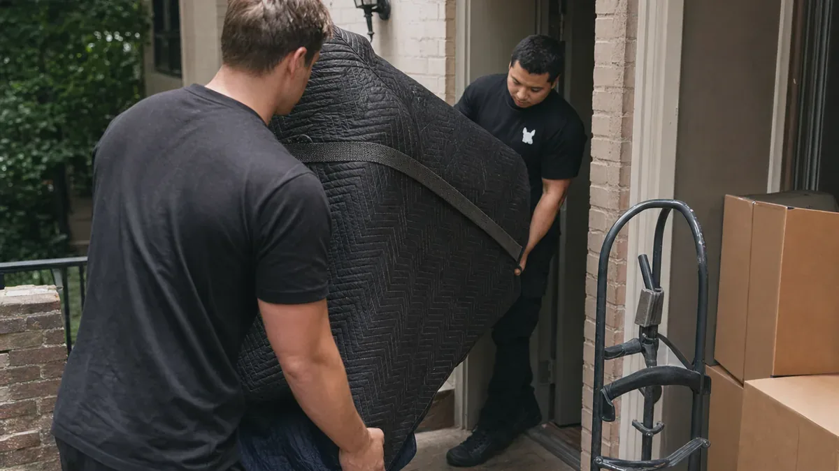 Bulldog Movers crew moving wrapped heavy furniture through a townhouse entry