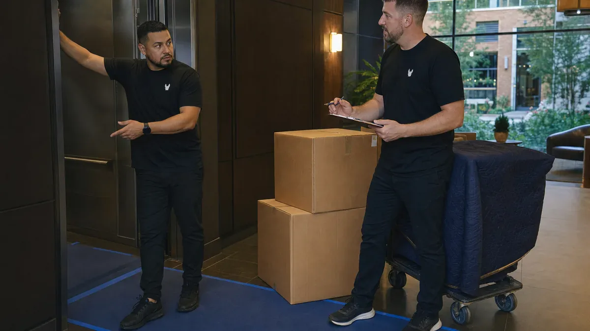 Bulldog Movers crew coordinating elevator access for a Rockville condo move