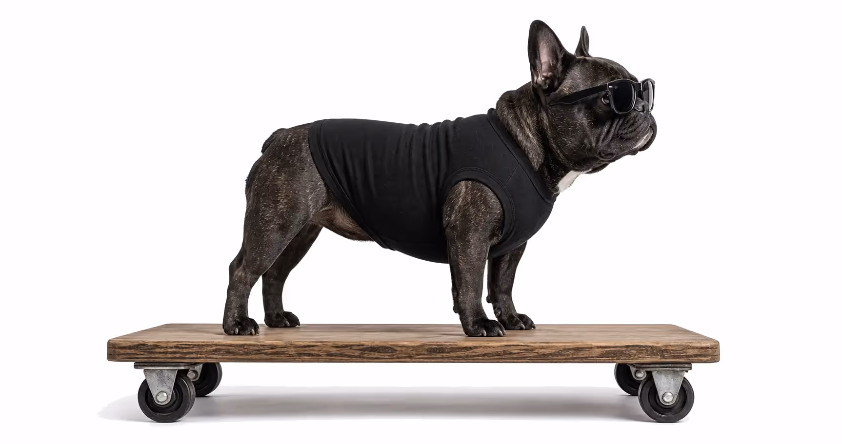 French bulldog in sunglasses standing on a moving dolly