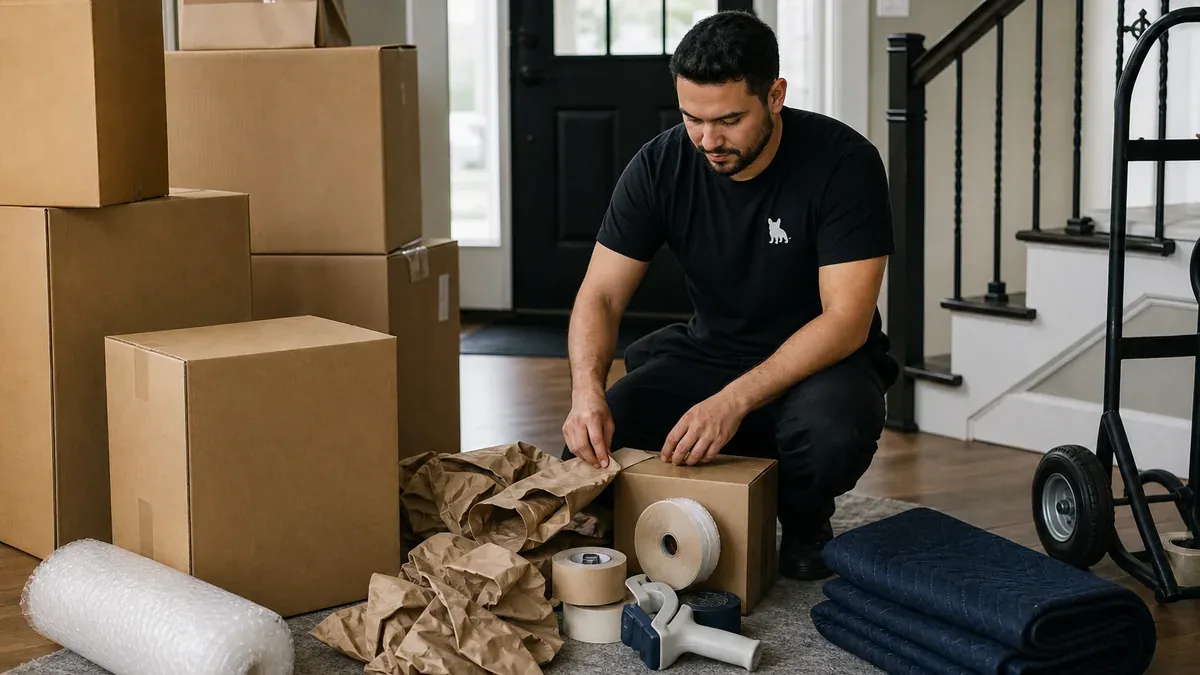 Moving boxes, packing paper, and supplies staged by Bulldog Movers